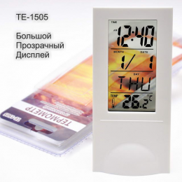 Термометр прозрачный ТЕ-1505 (часы, будильник, таймер)